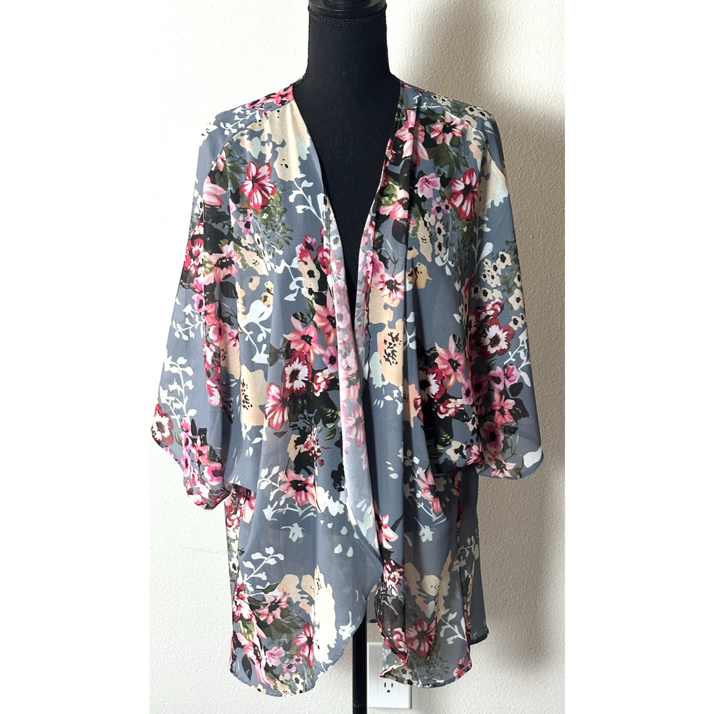 Women's Floral Print Puff Sleeve Kimono‎ Cardigan Loose Cover up Casual 2X